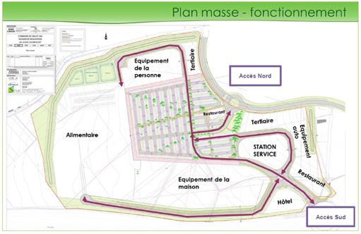 ZAC du Brochet à Vallet: Plan masse ZAC du Brochet avec organisation des différents pôles